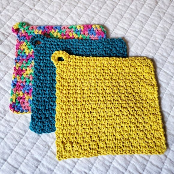3 Crochet DISHCLOTH WASHCLOTH 100% Cotton Handmade Rainbow Teal Mustard - Picture 9 of 15
